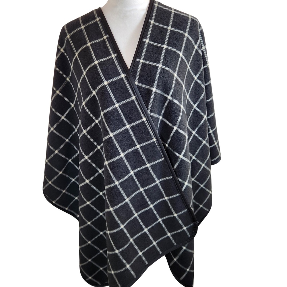 Modena Womens One Size Black White Plaid Fleece Sherpa Lined Poncho Wrap Shawl